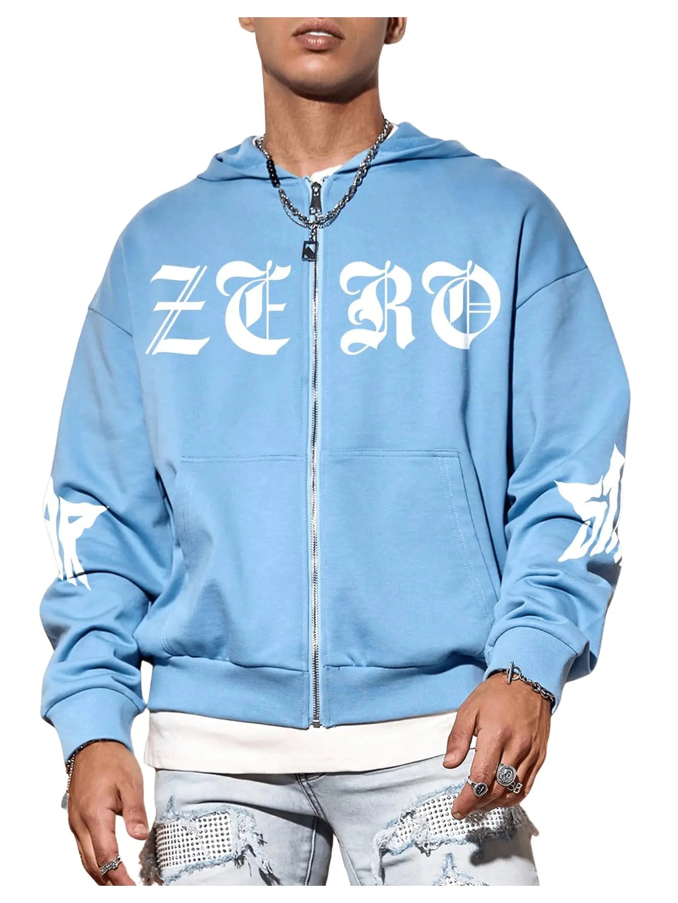 Mens Y2K Anime Zip Hoodie - Streetwear Blue